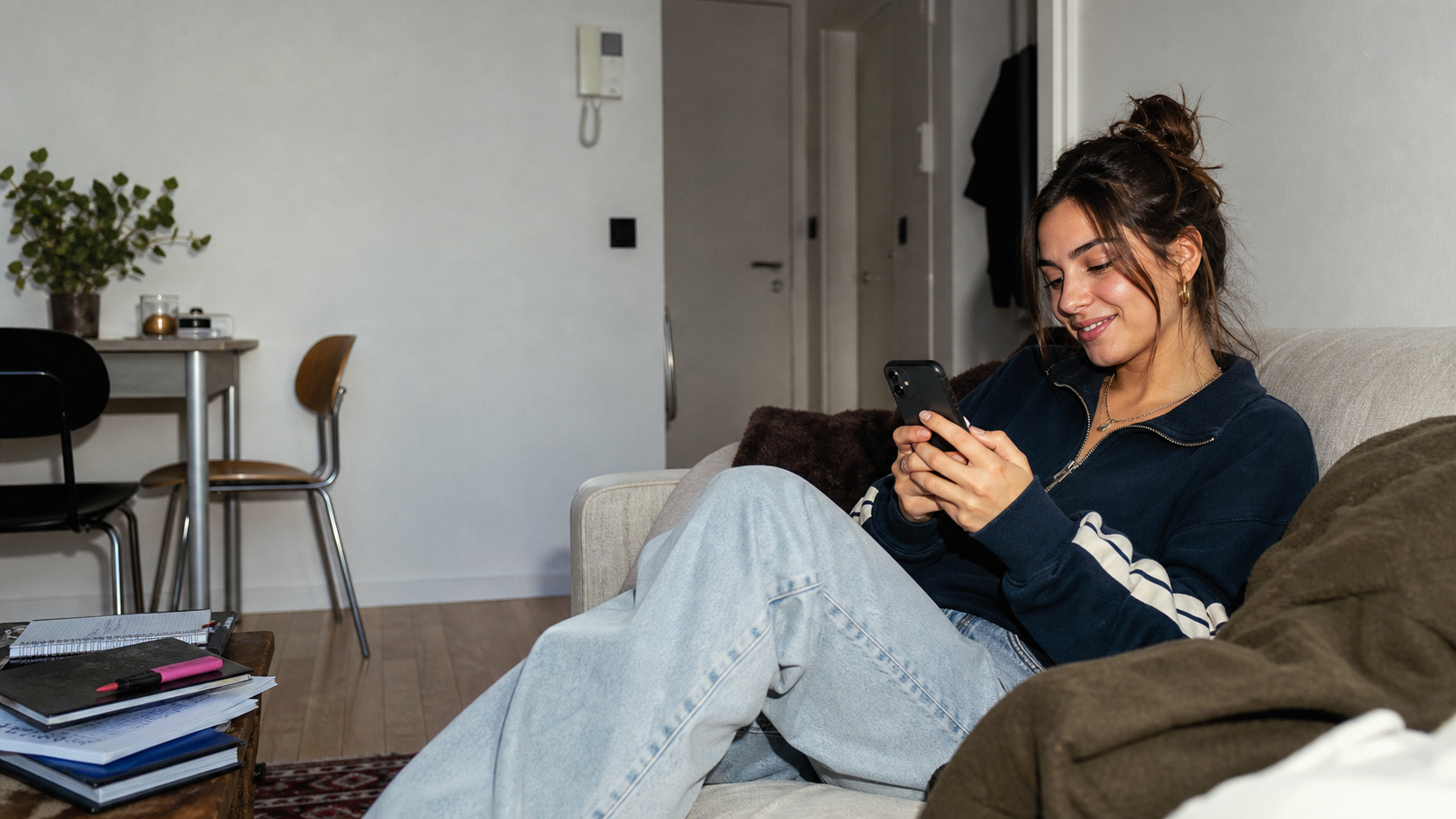 Jeune femme qui révise son permis théorique sur son téléphone depuis son canapé